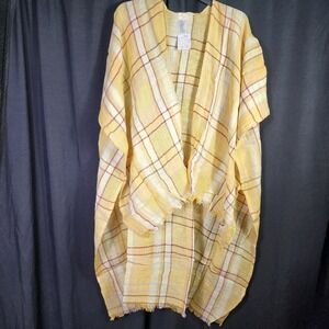 Free People V Plaid Daydream Yellow Kimono‎ Cardigan Open Front Fringe All